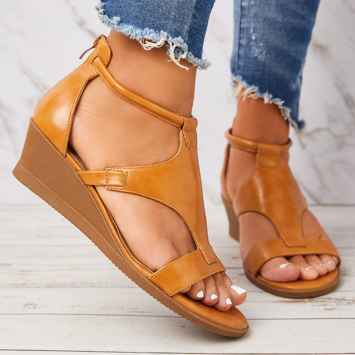 Casual T-Strap Low Wedge Sandals Back Zipper Ankle Strap Shoes