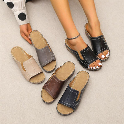 2023 Women's Casual Summer Daily Comfort Slip On Solid Color Leather Sandals