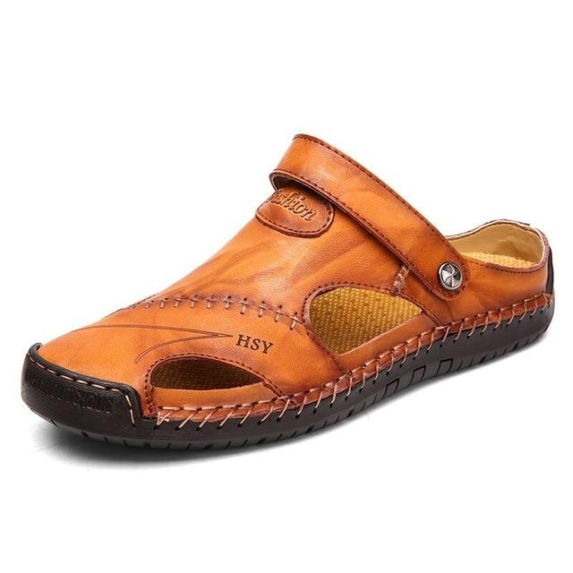 Men's Leather Classic Roman Outdoor Beach Rubber Flip Sandals - SolaceConnect.com